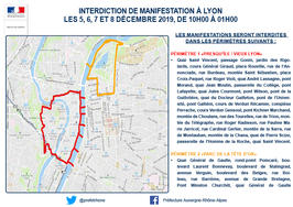 Interdiction des manifestations dans le centre-ville de Lyon les 5, 6, 7 et 8 /12  2019 de 10h à 01h
